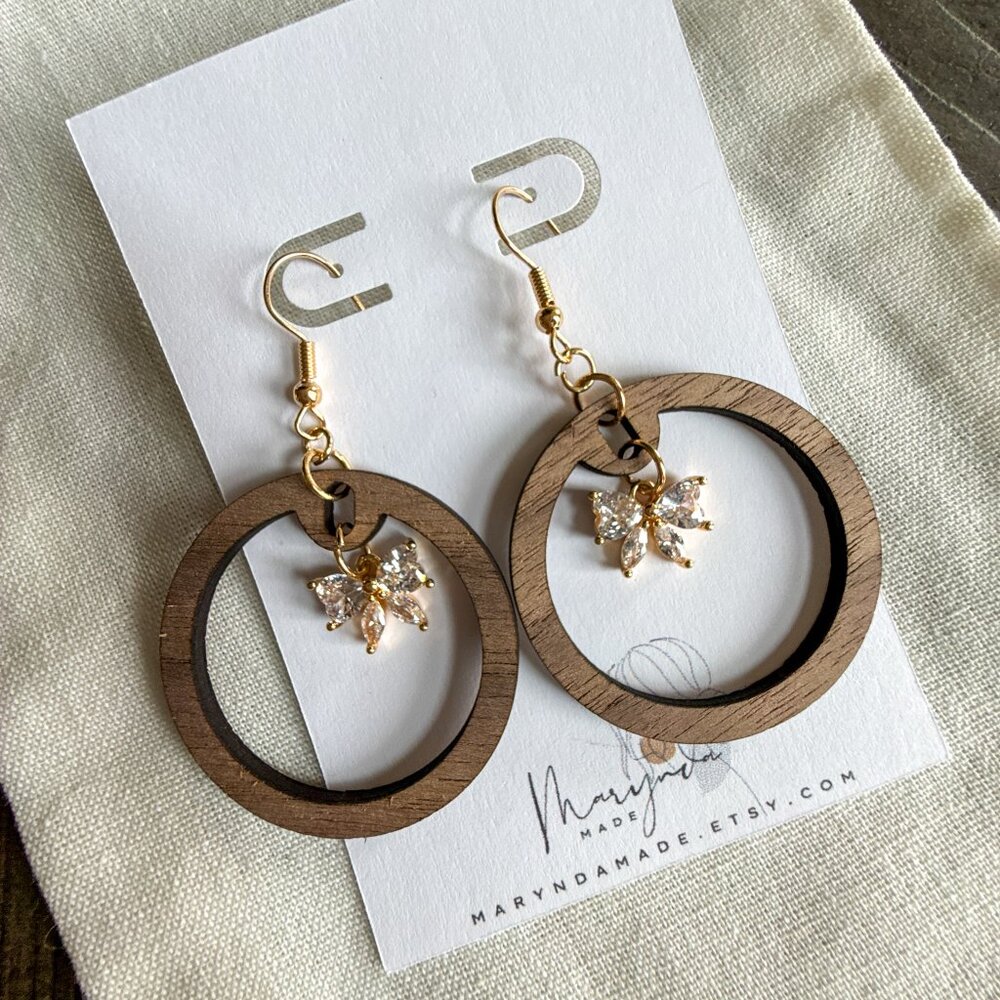 Walnut Hoop Earrings with Gold Cubic Zirconia Bow Charms – Hypoallergenic